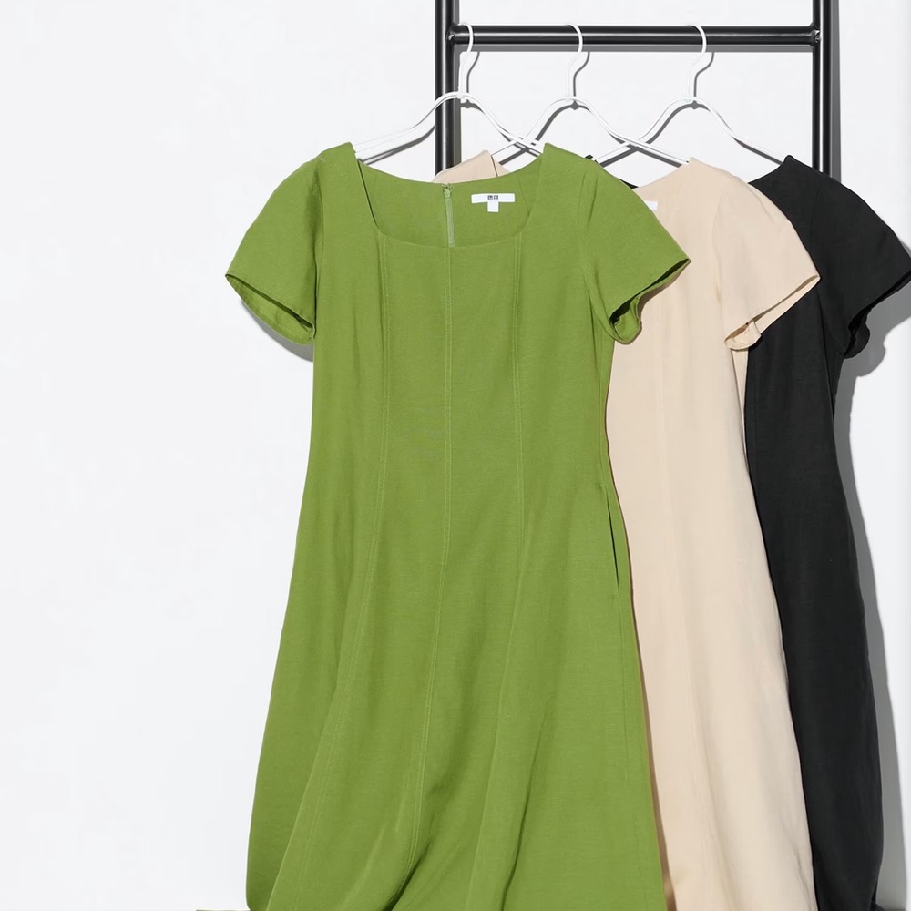 Uniqlo XS Linen Blend Square Neck Short-Sleeve Dress - Picture 2 of 4